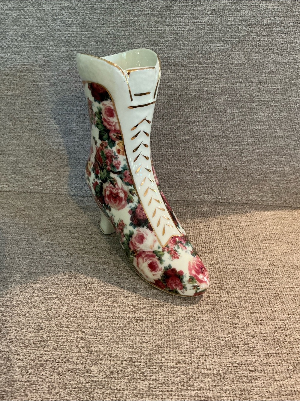 #867 Vintage Baum Bros Floral Boot Vase with Rose Pattern and Gold Trim